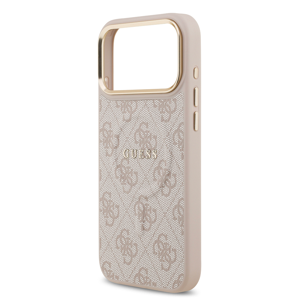 Apple iPhone 17 Pro Max Kılıf Guess Orjinal Lisanslı M-safe Şarj Özellikli Gold Metal Kamera Çerçeveli PU Deri 4G Desenli Yazı Logolu Kapak - 6