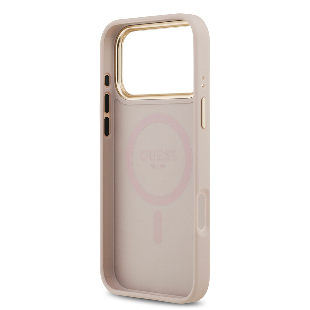 Apple iPhone 17 Pro Max Kılıf Guess Orjinal Lisanslı M-safe Şarj Özellikli Gold Metal Kamera Çerçeveli PU Deri 4G Desenli Yazı Logolu Kapak - 7