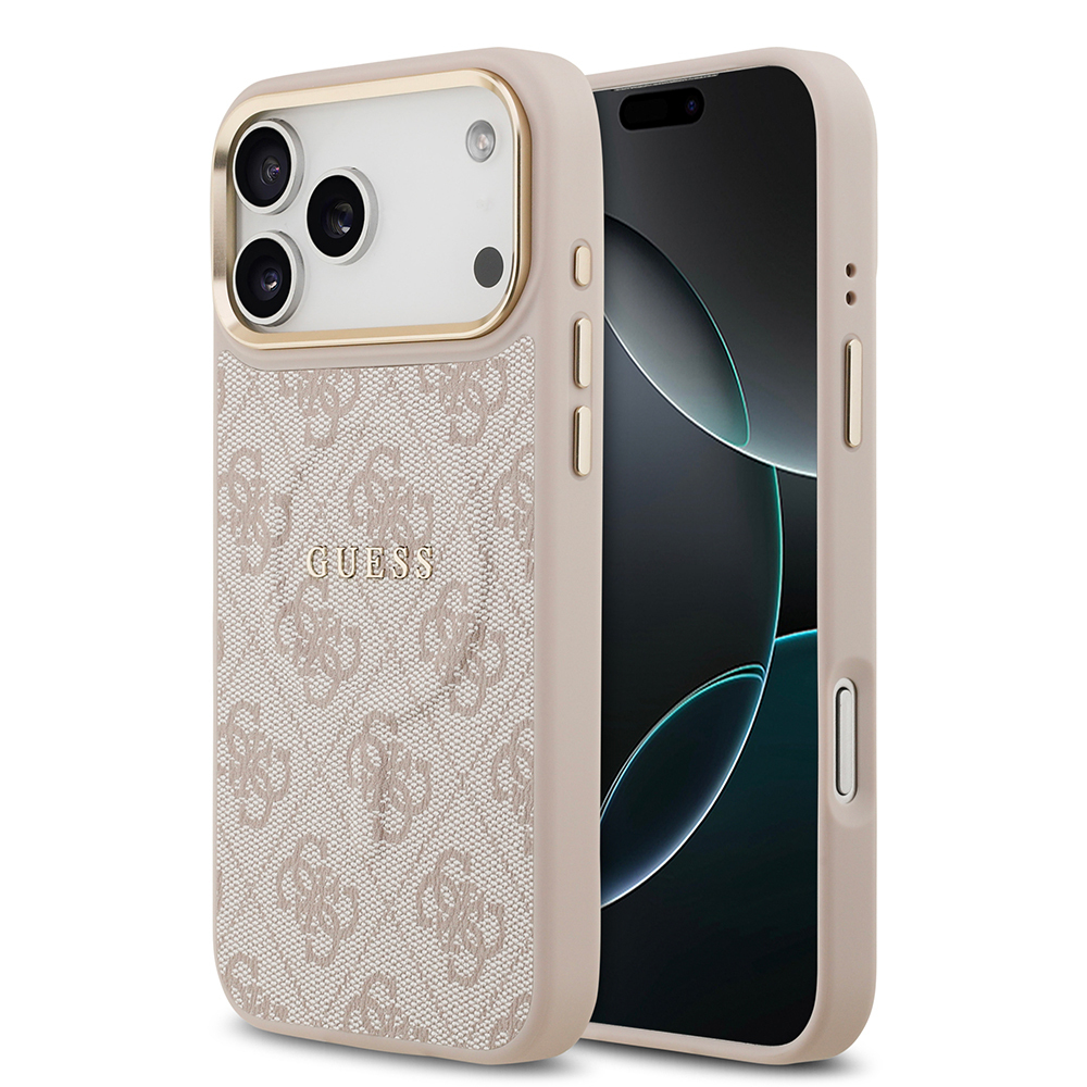 Apple iPhone 17 Pro Max Kılıf Guess Orjinal Lisanslı M-safe Şarj Özellikli Gold Metal Kamera Çerçeveli PU Deri 4G Desenli Yazı Logolu Kapak - 1