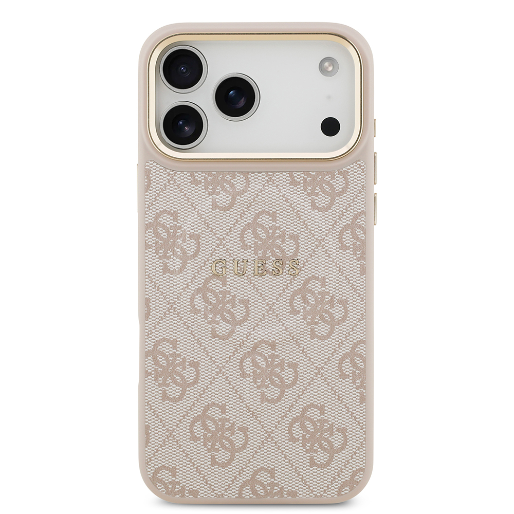 Apple iPhone 17 Pro Max Kılıf Guess Orjinal Lisanslı M-safe Şarj Özellikli Gold Metal Kamera Çerçeveli PU Deri 4G Desenli Yazı Logolu Kapak - 9