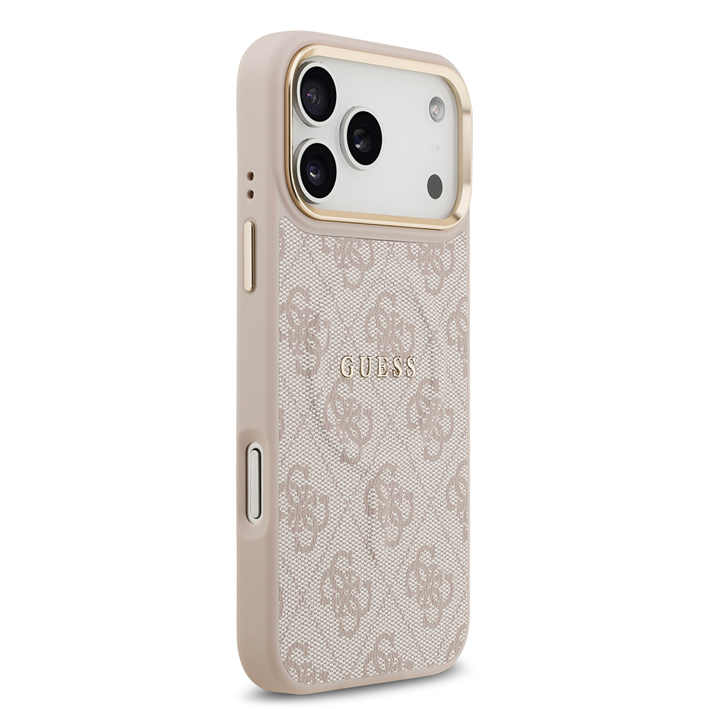 Apple iPhone 17 Pro Max Kılıf Guess Orjinal Lisanslı M-safe Şarj Özellikli Gold Metal Kamera Çerçeveli PU Deri 4G Desenli Yazı Logolu Kapak - 10