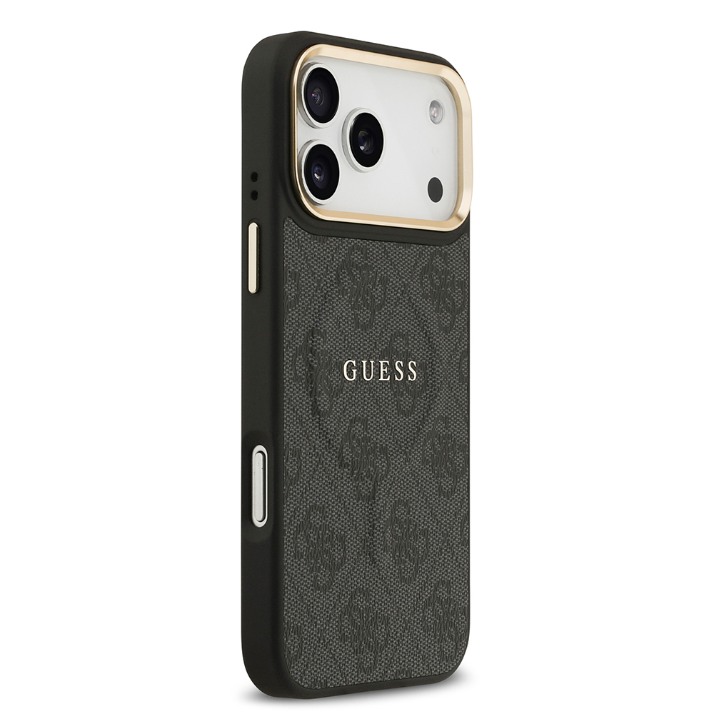 Apple iPhone 17 Pro Max Kılıf Guess Orjinal Lisanslı M-safe Şarj Özellikli Gold Metal Kamera Çerçeveli PU Deri 4G Desenli Yazı Logolu Kapak - 11