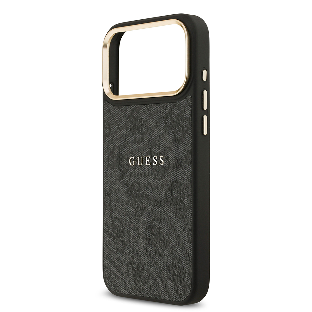 Apple iPhone 17 Pro Max Kılıf Guess Orjinal Lisanslı M-safe Şarj Özellikli Gold Metal Kamera Çerçeveli PU Deri 4G Desenli Yazı Logolu Kapak - 13