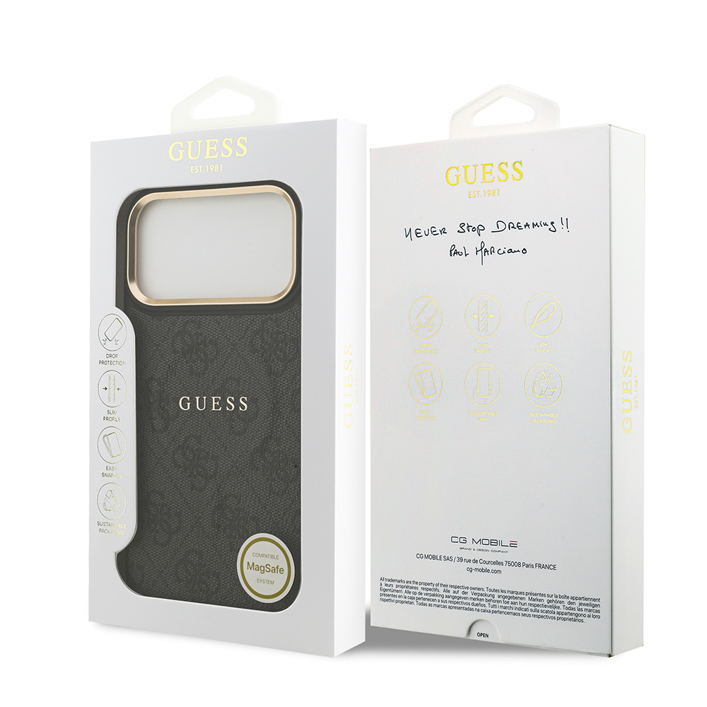 Apple iPhone 17 Pro Max Kılıf Guess Orjinal Lisanslı M-safe Şarj Özellikli Gold Metal Kamera Çerçeveli PU Deri 4G Desenli Yazı Logolu Kapak - 24