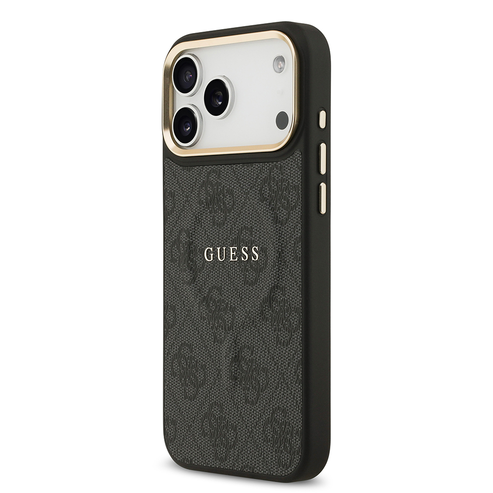 Apple iPhone 17 Pro Max Kılıf Guess Orjinal Lisanslı M-safe Şarj Özellikli Gold Metal Kamera Çerçeveli PU Deri 4G Desenli Yazı Logolu Kapak - 15