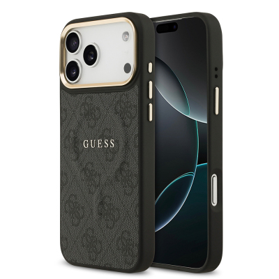 Apple iPhone 17 Pro Max Kılıf Guess Orjinal Lisanslı M-safe Şarj Özellikli Gold Metal Kamera Çerçeveli PU Deri 4G Desenli Yazı Logolu Kapak Siyah