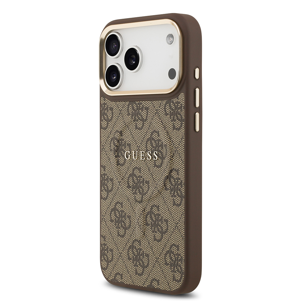 Apple iPhone 17 Pro Max Kılıf Guess Orjinal Lisanslı M-safe Şarj Özellikli Gold Metal Kamera Çerçeveli PU Deri 4G Desenli Yazı Logolu Kapak - 17