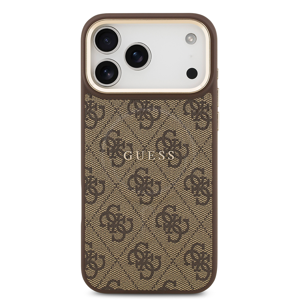 Apple iPhone 17 Pro Max Kılıf Guess Orjinal Lisanslı M-safe Şarj Özellikli Gold Metal Kamera Çerçeveli PU Deri 4G Desenli Yazı Logolu Kapak - 18
