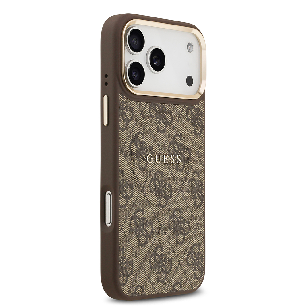 Apple iPhone 17 Pro Max Kılıf Guess Orjinal Lisanslı M-safe Şarj Özellikli Gold Metal Kamera Çerçeveli PU Deri 4G Desenli Yazı Logolu Kapak - 19