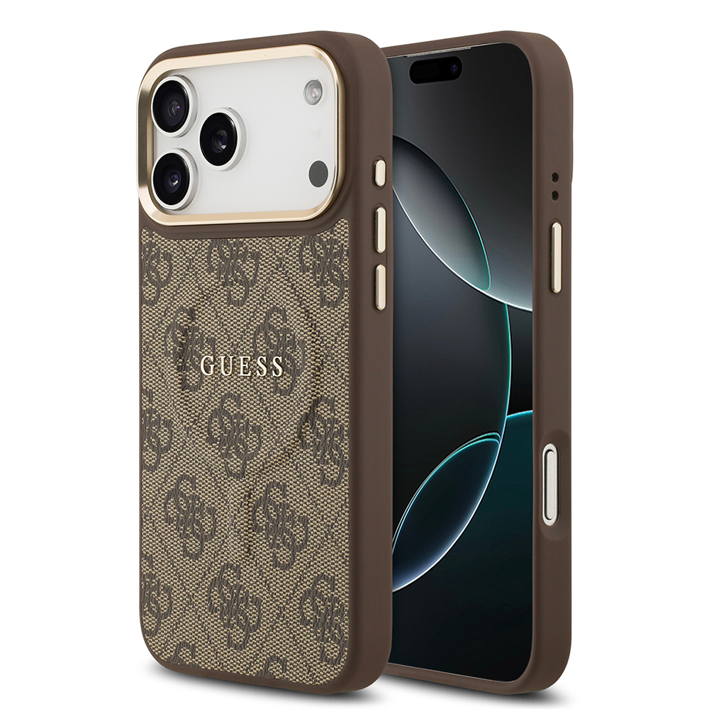 Apple iPhone 17 Pro Max Kılıf Guess Orjinal Lisanslı M-safe Şarj Özellikli Gold Metal Kamera Çerçeveli PU Deri 4G Desenli Yazı Logolu Kapak - 4
