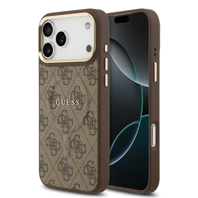 Apple iPhone 17 Pro Max Kılıf Guess Orjinal Lisanslı M-safe Şarj Özellikli Gold Metal Kamera Çerçeveli PU Deri 4G Desenli Yazı Logolu Kapak Kahverengi
