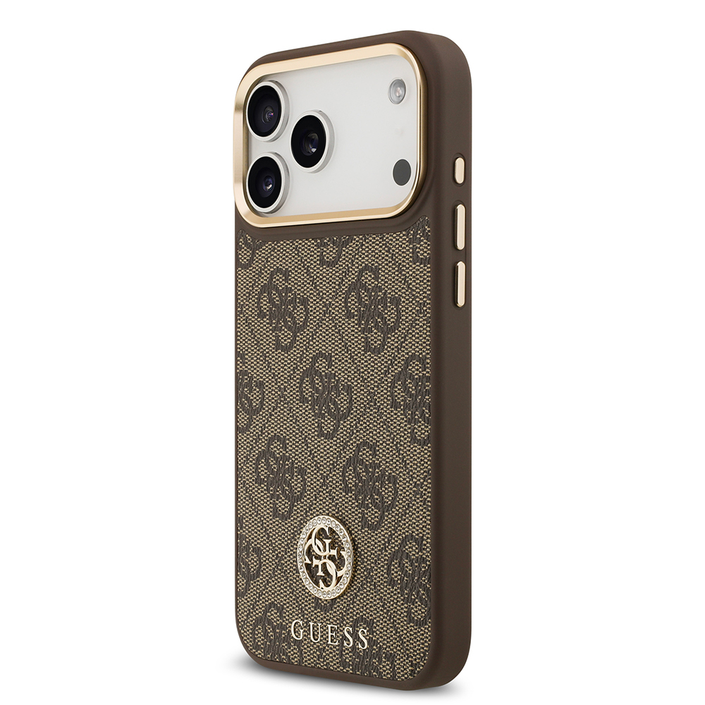 Apple iPhone 17 Pro Max Kılıf Guess Orjinal Lisanslı M-safe Şarj Özellikli Gold Metal Kamera Çerçeveli Taşlı 4G Logolu Kapak - 4