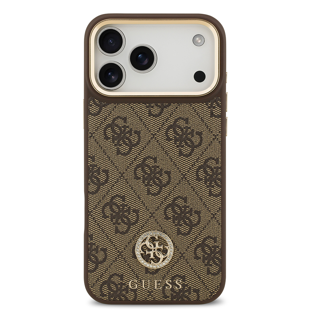 Apple iPhone 17 Pro Max Kılıf Guess Orjinal Lisanslı M-safe Şarj Özellikli Gold Metal Kamera Çerçeveli Taşlı 4G Logolu Kapak - 5