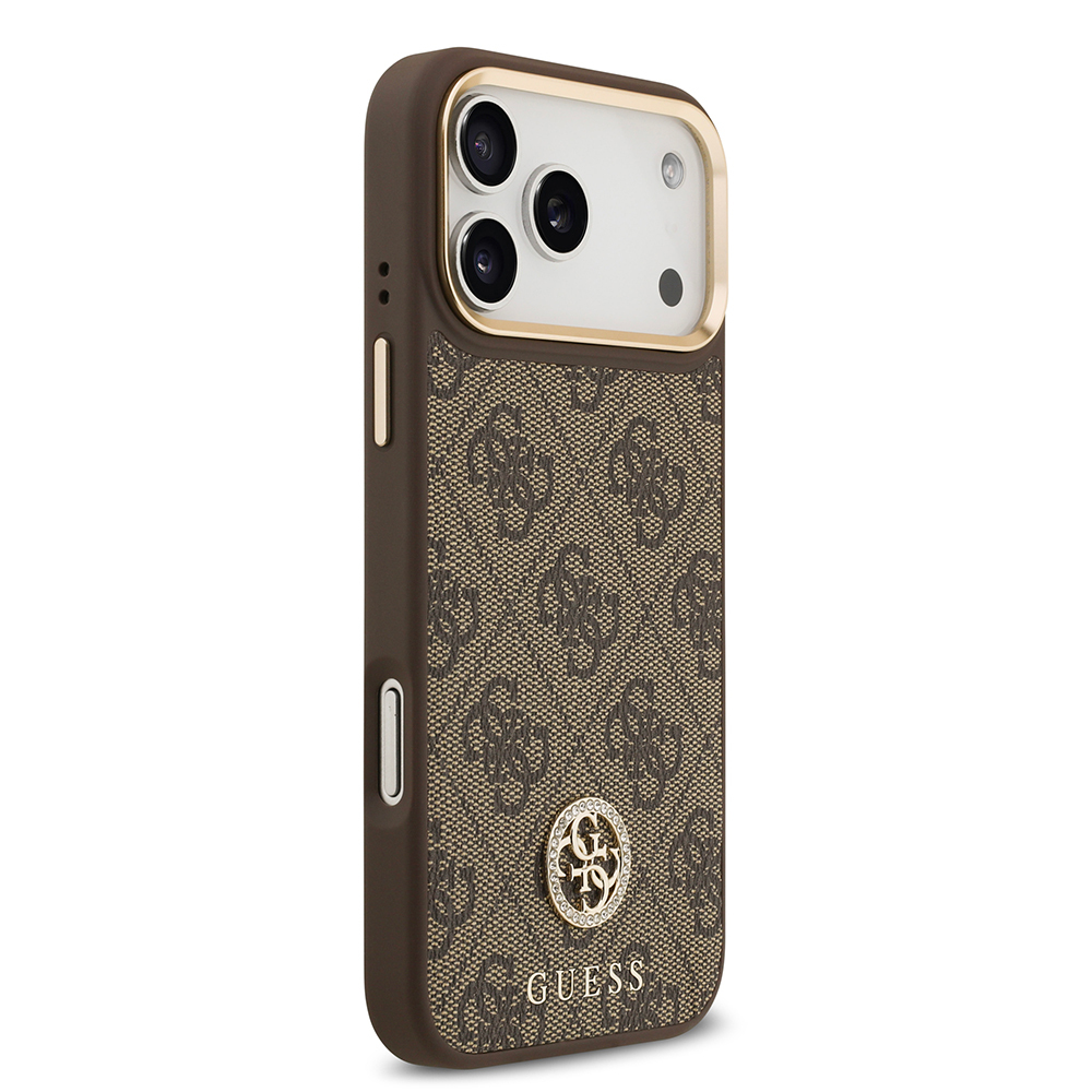 Apple iPhone 17 Pro Max Kılıf Guess Orjinal Lisanslı M-safe Şarj Özellikli Gold Metal Kamera Çerçeveli Taşlı 4G Logolu Kapak - 6