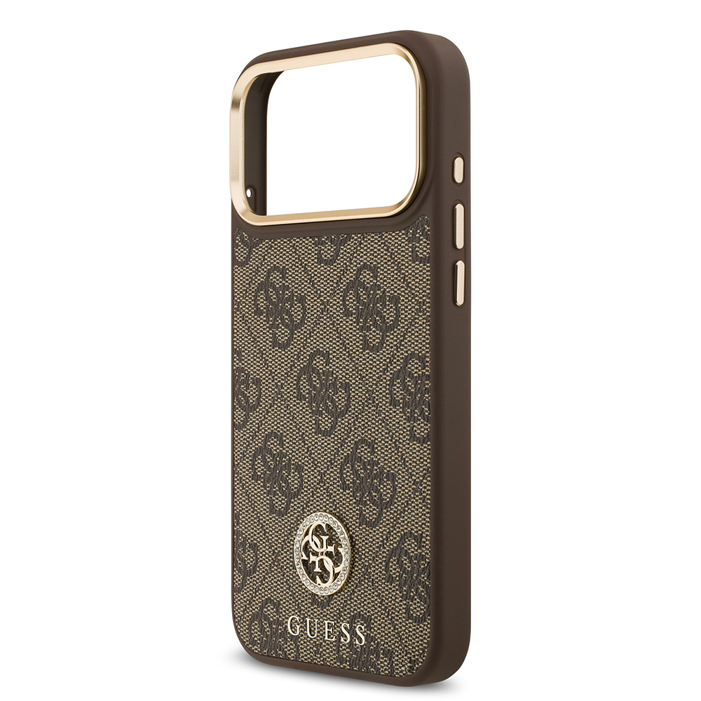 Apple iPhone 17 Pro Max Kılıf Guess Orjinal Lisanslı M-safe Şarj Özellikli Gold Metal Kamera Çerçeveli Taşlı 4G Logolu Kapak - 8