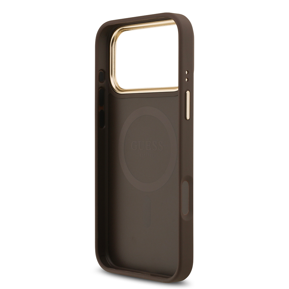 Apple iPhone 17 Pro Max Kılıf Guess Orjinal Lisanslı M-safe Şarj Özellikli Gold Metal Kamera Çerçeveli Taşlı 4G Logolu Kapak - 9