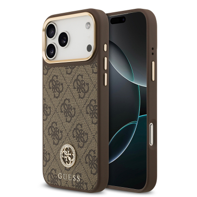 Apple iPhone 17 Pro Max Kılıf Guess Orjinal Lisanslı M-safe Şarj Özellikli Gold Metal Kamera Çerçeveli Taşlı 4G Logolu Kapak Kahverengi