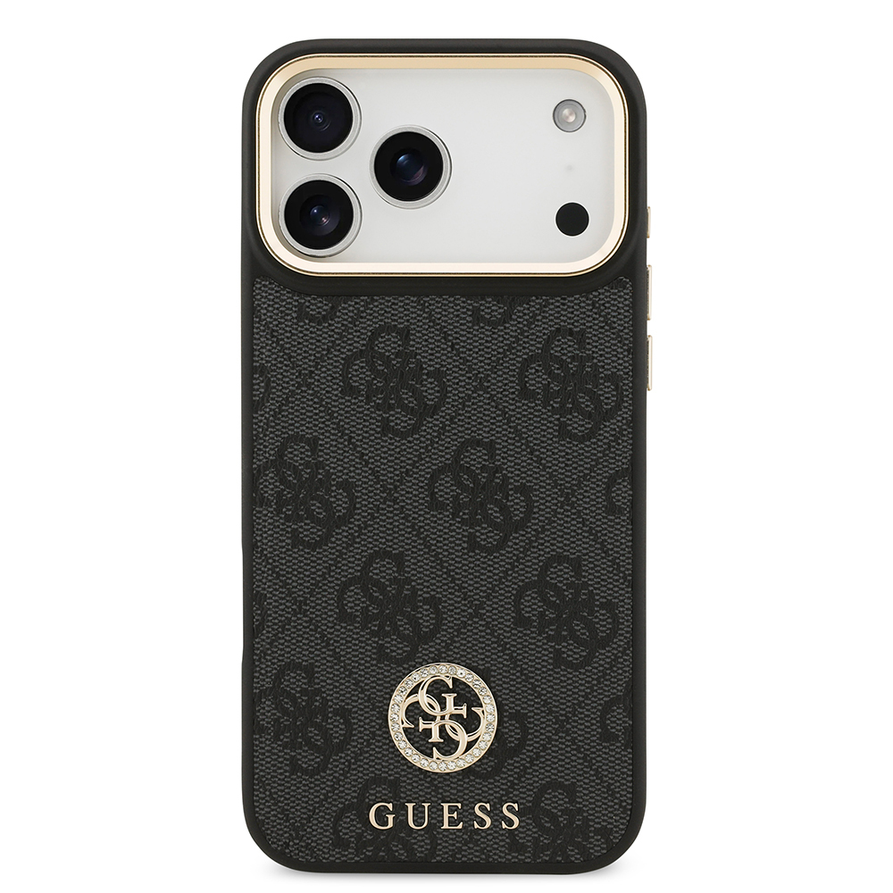 Apple iPhone 17 Pro Max Kılıf Guess Orjinal Lisanslı M-safe Şarj Özellikli Gold Metal Kamera Çerçeveli Taşlı 4G Logolu Kapak - 11