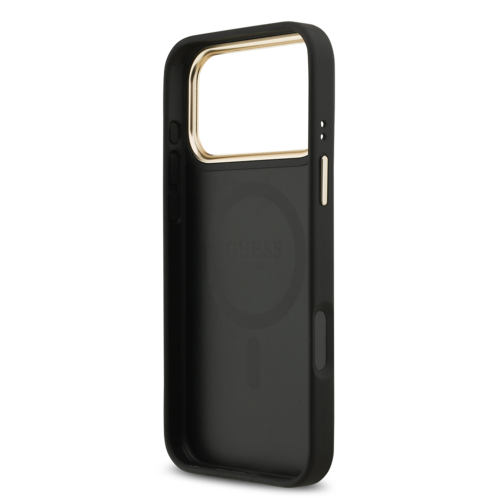 Apple iPhone 17 Pro Max Kılıf Guess Orjinal Lisanslı M-safe Şarj Özellikli Gold Metal Kamera Çerçeveli Taşlı 4G Logolu Kapak - 15