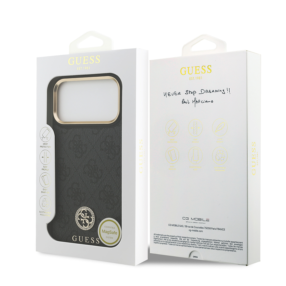 Apple iPhone 17 Pro Max Kılıf Guess Orjinal Lisanslı M-safe Şarj Özellikli Gold Metal Kamera Çerçeveli Taşlı 4G Logolu Kapak - 17