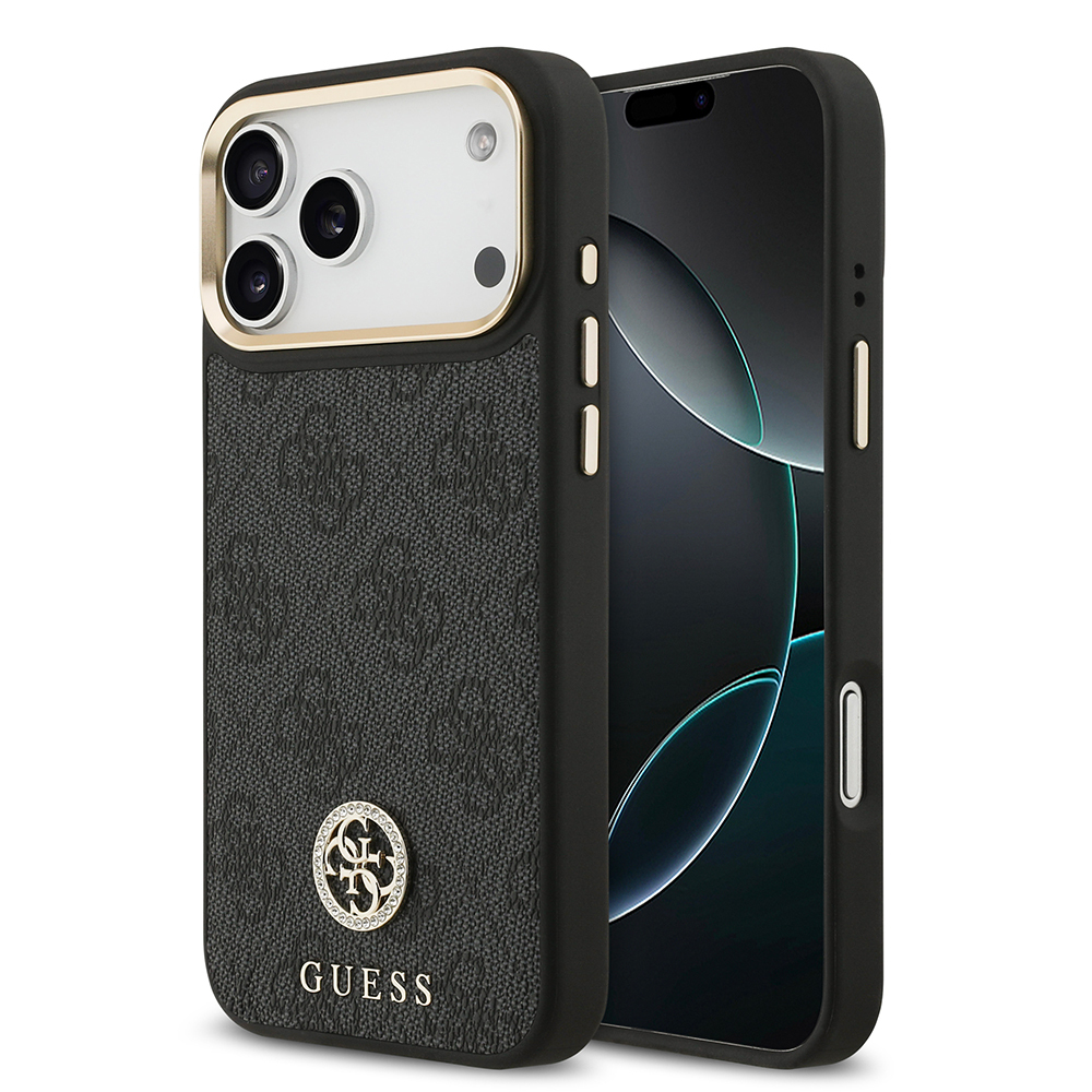 Apple iPhone 17 Pro Max Kılıf Guess Orjinal Lisanslı M-safe Şarj Özellikli Gold Metal Kamera Çerçeveli Taşlı 4G Logolu Kapak - 3