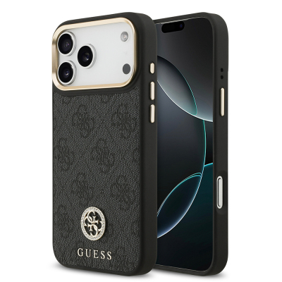 Apple iPhone 17 Pro Max Kılıf Guess Orjinal Lisanslı M-safe Şarj Özellikli Gold Metal Kamera Çerçeveli Taşlı 4G Logolu Kapak Siyah