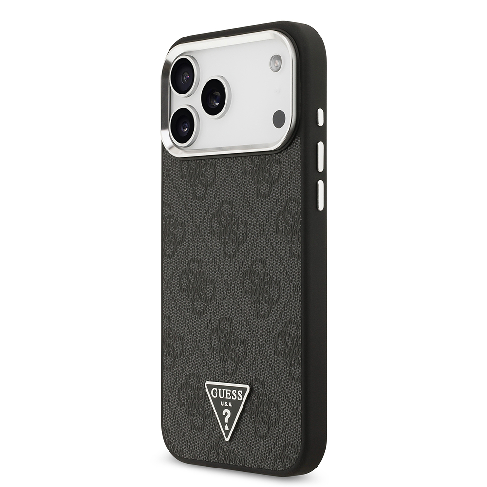 Apple iPhone 17 Pro Max Kılıf Guess Orjinal Lisanslı M-safe Şarj Özellikli Gold Metal Kamera Çerçeveli Taşlı Üçgen Logo 4G Desenli Kapak - 4