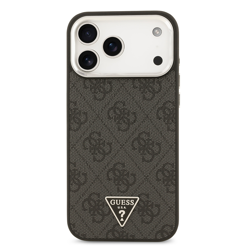 Apple iPhone 17 Pro Max Kılıf Guess Orjinal Lisanslı M-safe Şarj Özellikli Gold Metal Kamera Çerçeveli Taşlı Üçgen Logo 4G Desenli Kapak - 5