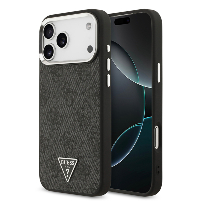Apple iPhone 17 Pro Max Kılıf Guess Orjinal Lisanslı M-safe Şarj Özellikli Gold Metal Kamera Çerçeveli Taşlı Üçgen Logo 4G Desenli Kapak Siyah