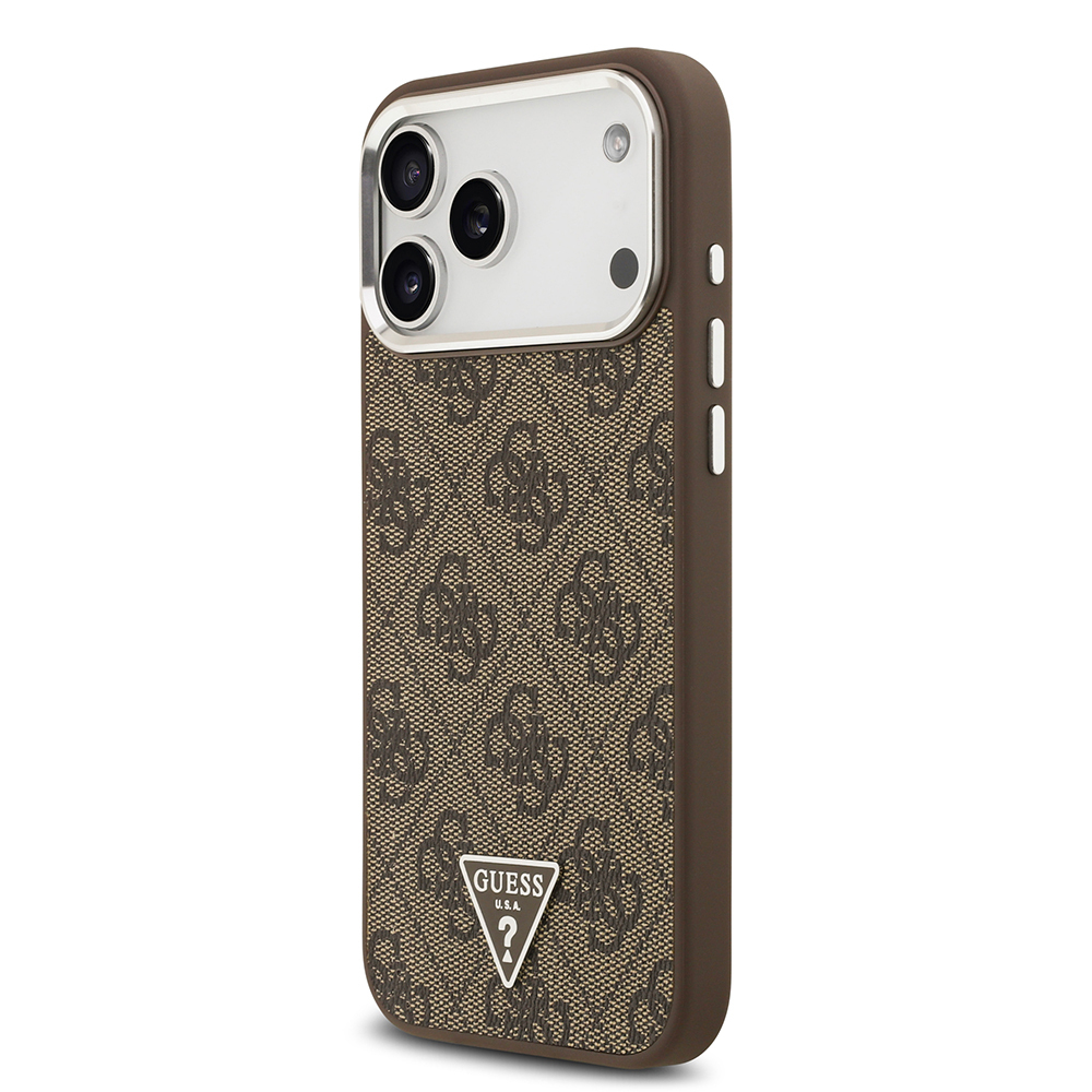 Apple iPhone 17 Pro Max Kılıf Guess Orjinal Lisanslı M-safe Şarj Özellikli Gold Metal Kamera Çerçeveli Taşlı Üçgen Logo 4G Desenli Kapak - 11