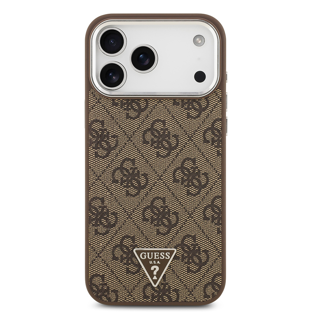 Apple iPhone 17 Pro Max Kılıf Guess Orjinal Lisanslı M-safe Şarj Özellikli Gold Metal Kamera Çerçeveli Taşlı Üçgen Logo 4G Desenli Kapak - 12