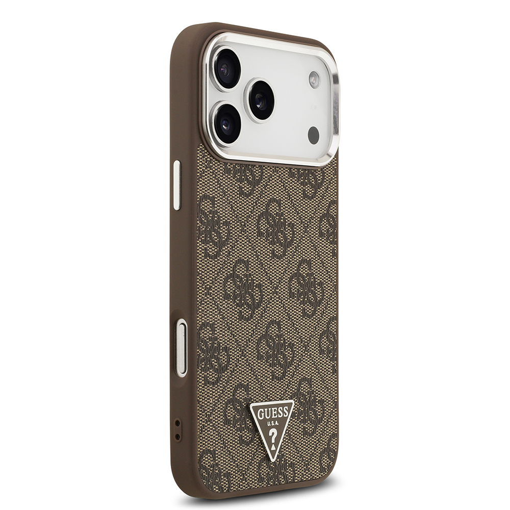 Apple iPhone 17 Pro Max Kılıf Guess Orjinal Lisanslı M-safe Şarj Özellikli Gold Metal Kamera Çerçeveli Taşlı Üçgen Logo 4G Desenli Kapak - 13