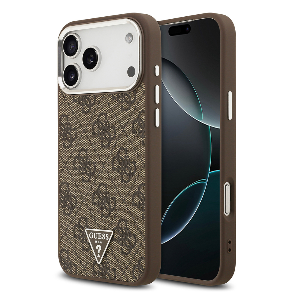 Apple iPhone 17 Pro Max Kılıf Guess Orjinal Lisanslı M-safe Şarj Özellikli Gold Metal Kamera Çerçeveli Taşlı Üçgen Logo 4G Desenli Kapak - 3