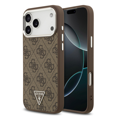Apple iPhone 17 Pro Max Kılıf Guess Orjinal Lisanslı M-safe Şarj Özellikli Gold Metal Kamera Çerçeveli Taşlı Üçgen Logo 4G Desenli Kapak Kahverengi