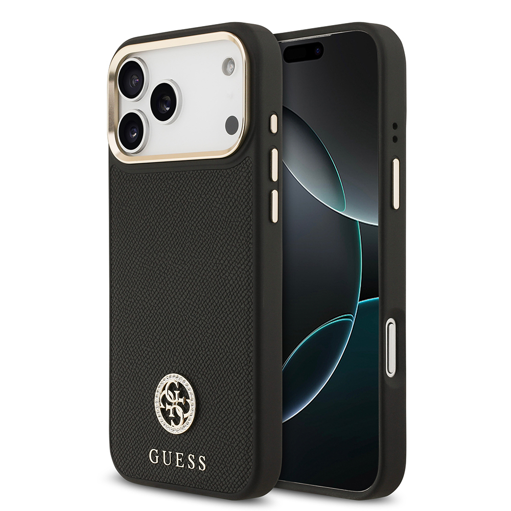Apple iPhone 17 Pro Max Kılıf Guess Orjinal Lisanslı M-safe Şarj Özellikli Grained Yazı ve Taşlı 4G Logolu Kapak - 1