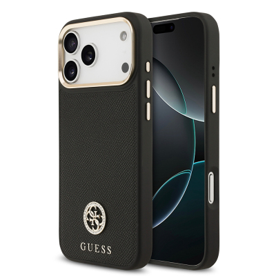 Apple iPhone 17 Pro Max Kılıf Guess Orjinal Lisanslı M-safe Şarj Özellikli Grained Yazı ve Taşlı 4G Logolu Kapak Siyah