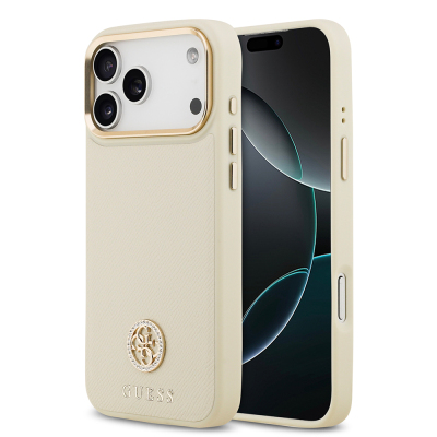 Apple iPhone 17 Pro Max Kılıf Guess Orjinal Lisanslı M-safe Şarj Özellikli Grained Yazı ve Taşlı 4G Logolu Kapak Bej