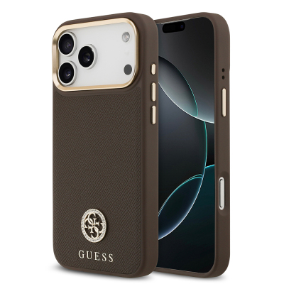 Apple iPhone 17 Pro Max Kılıf Guess Orjinal Lisanslı M-safe Şarj Özellikli Grained Yazı ve Taşlı 4G Logolu Kapak Kahverengi