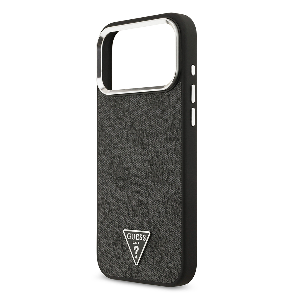 Apple iPhone 17 Pro Max Kılıf Guess Orjinal Lisanslı M-safe Şarj Özellikli Gümüş Metal Kamera Çerçeveli Üçgen Logo 4G Desenli Kapak - 8