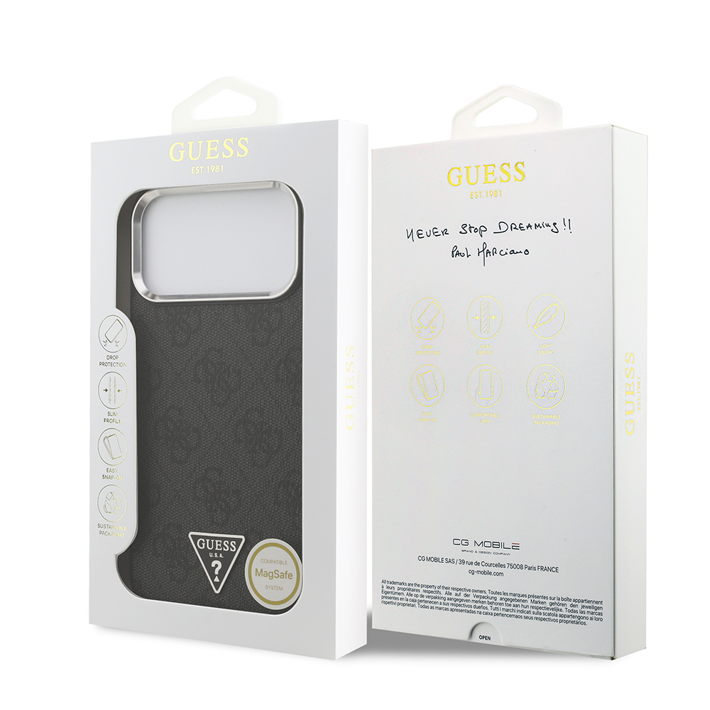 Apple iPhone 17 Pro Max Kılıf Guess Orjinal Lisanslı M-safe Şarj Özellikli Gümüş Metal Kamera Çerçeveli Üçgen Logo 4G Desenli Kapak - 10