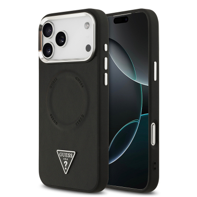 Apple iPhone 17 Pro Max Kılıf Guess Orjinal Lisanslı M-safe Şarj Özellikli PU Deri Metal Kamera Çerçeveli Üçgen Logolu Kapak Siyah