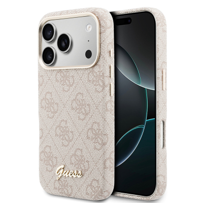 Apple iPhone 17 Pro Max Kılıf Guess Orjinal Lisanslı M-safe Şarj Özellikli Script Yazı Logolu 4G Desenli Kapak Pembe