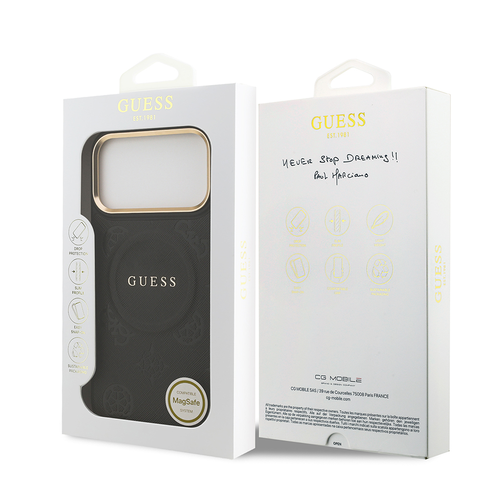 Apple iPhone 17 Pro Max Kılıf Guess Orjinal Lisanslı M-safe Şarj Özellikli Sıcak Baskılı Yazı Logolu PU Deri Peony Kapak - 23