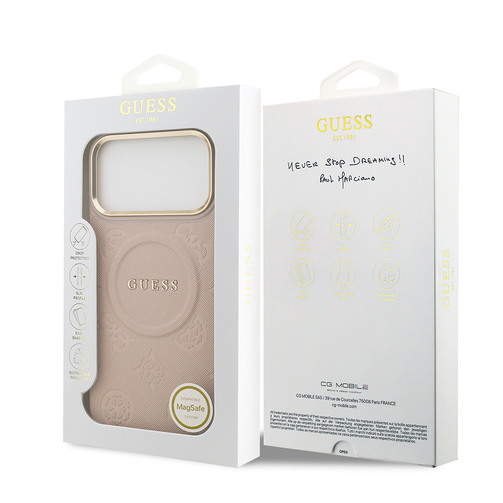 Apple iPhone 17 Pro Max Kılıf Guess Orjinal Lisanslı M-safe Şarj Özellikli Sıcak Baskılı Yazı Logolu PU Deri Peony Kapak - 25