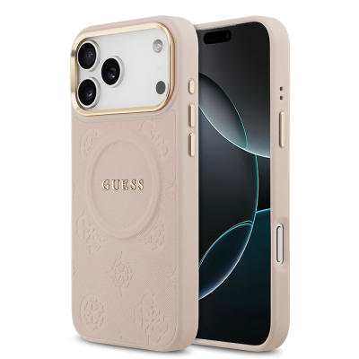 Apple iPhone 17 Pro Max Kılıf Guess Orjinal Lisanslı M-safe Şarj Özellikli Sıcak Baskılı Yazı Logolu PU Deri Peony Kapak Pembe