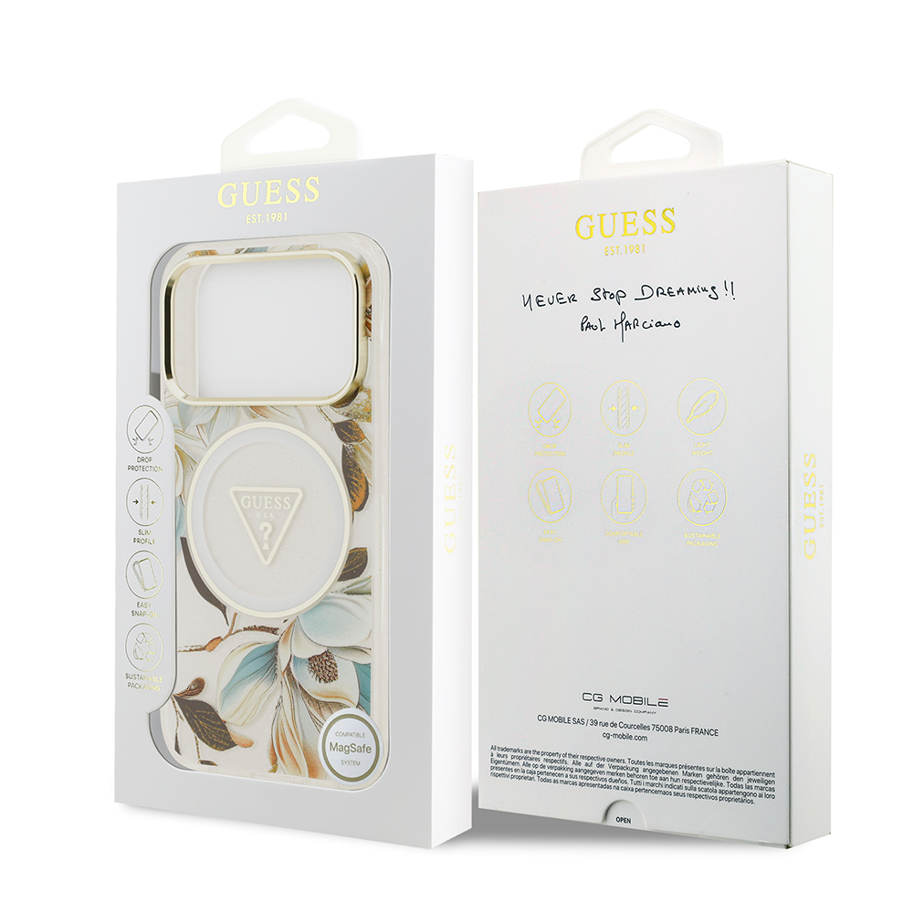 Apple iPhone 17 Pro Max Kılıf Guess Orjinal Lisanslı M-safe Şarj Özellikli Simli Çiçek Desenli Metal Kamera Çerçeveli Üçgen Logolu Kapak - 32