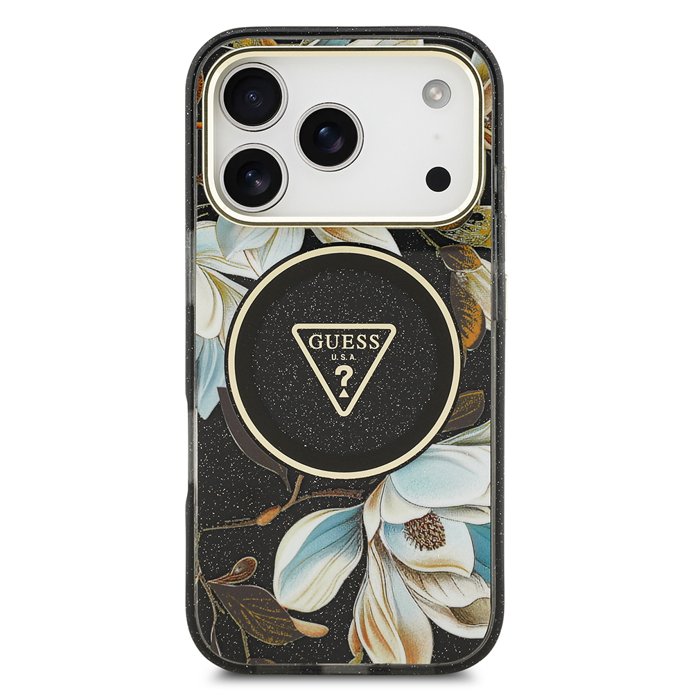 Apple iPhone 17 Pro Max Kılıf Guess Orjinal Lisanslı M-safe Şarj Özellikli Simli Çiçek Desenli Metal Kamera Çerçeveli Üçgen Logolu Kapak - 25