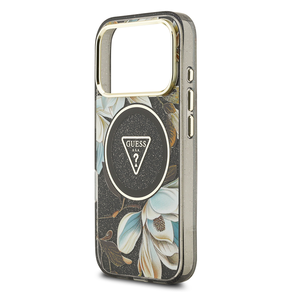 Apple iPhone 17 Pro Max Kılıf Guess Orjinal Lisanslı M-safe Şarj Özellikli Simli Çiçek Desenli Metal Kamera Çerçeveli Üçgen Logolu Kapak - 28