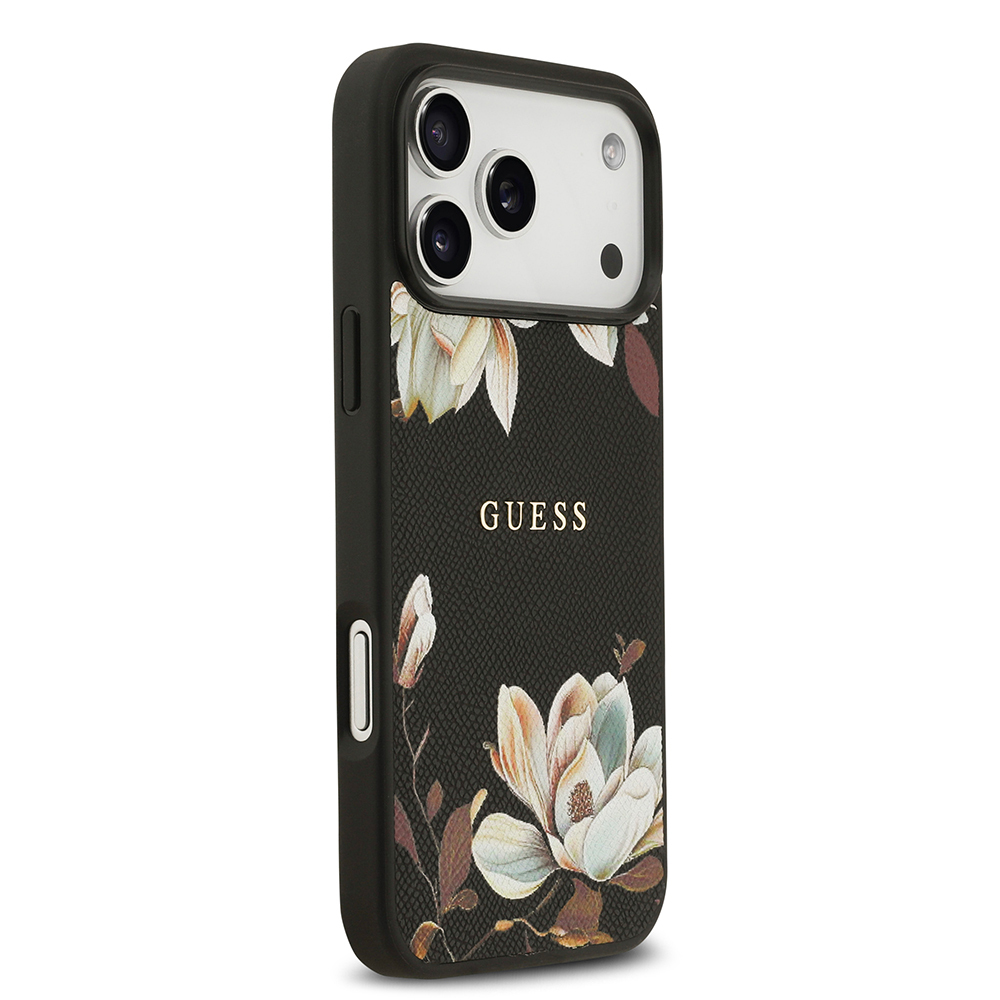 Apple iPhone 17 Pro Max Kılıf Guess Orjinal Lisanslı M-safe Şarj Özellikli Taneli Çiçek Tasarımlı Metal Yazı Logolu Kapak - 5