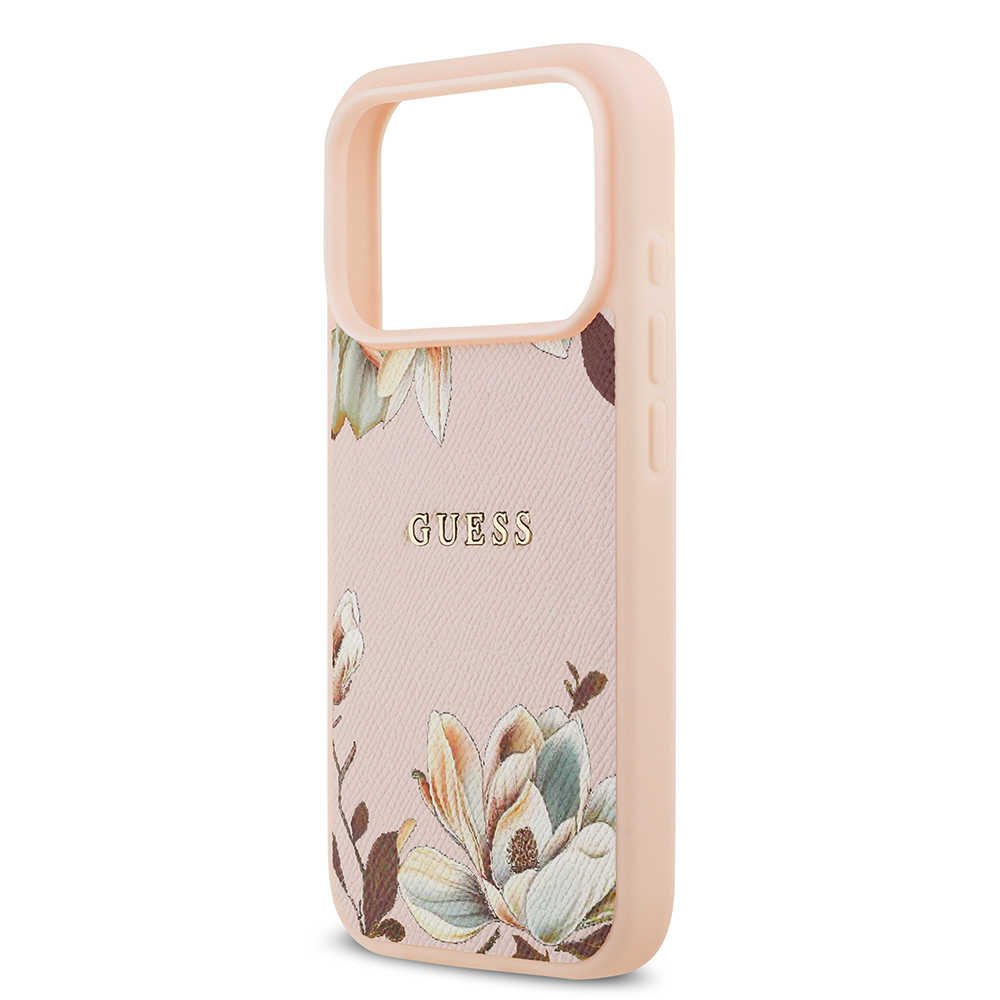 Apple iPhone 17 Pro Max Kılıf Guess Orjinal Lisanslı M-safe Şarj Özellikli Taneli Çiçek Tasarımlı Metal Yazı Logolu Kapak - 14